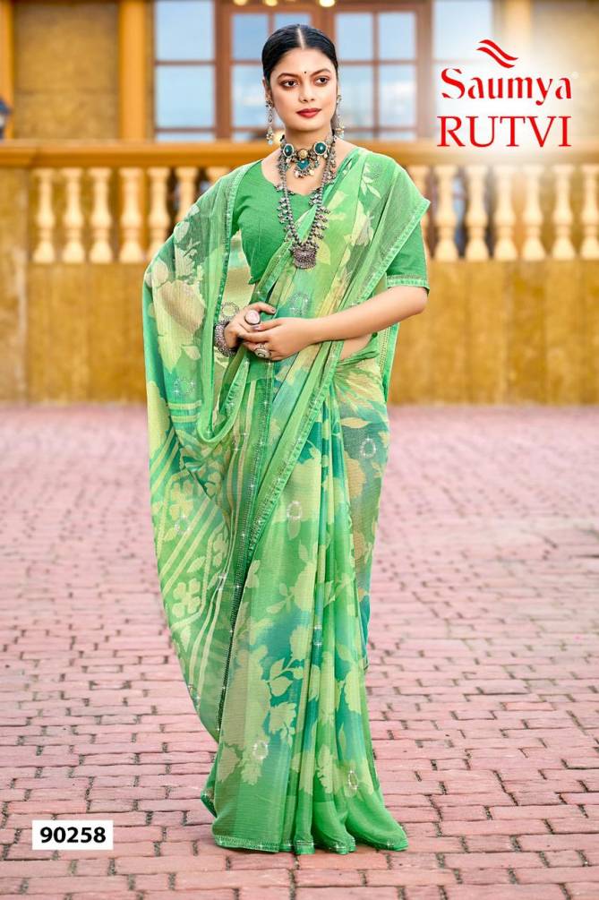 Rutvi By Saumya Chiffon Brasso Printed Sarees Suppliers In india